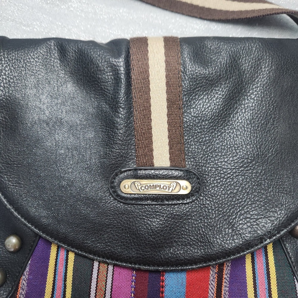 Vintage Complot Leather Flap Striped Woven Crossbody Bag Brass Studded Boho Fest